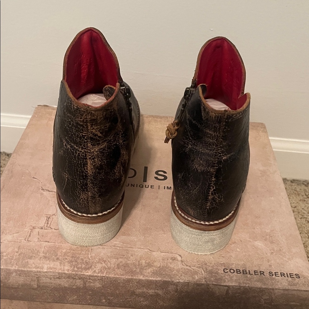 BED|STU Distressed Black Ankle Boots with Red Interior - Picture 2 of 5